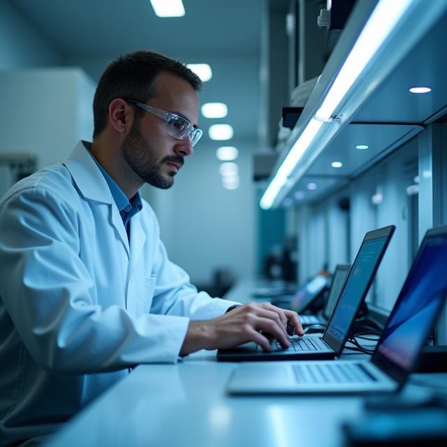 Engineer performing benchmark tests on technology devices